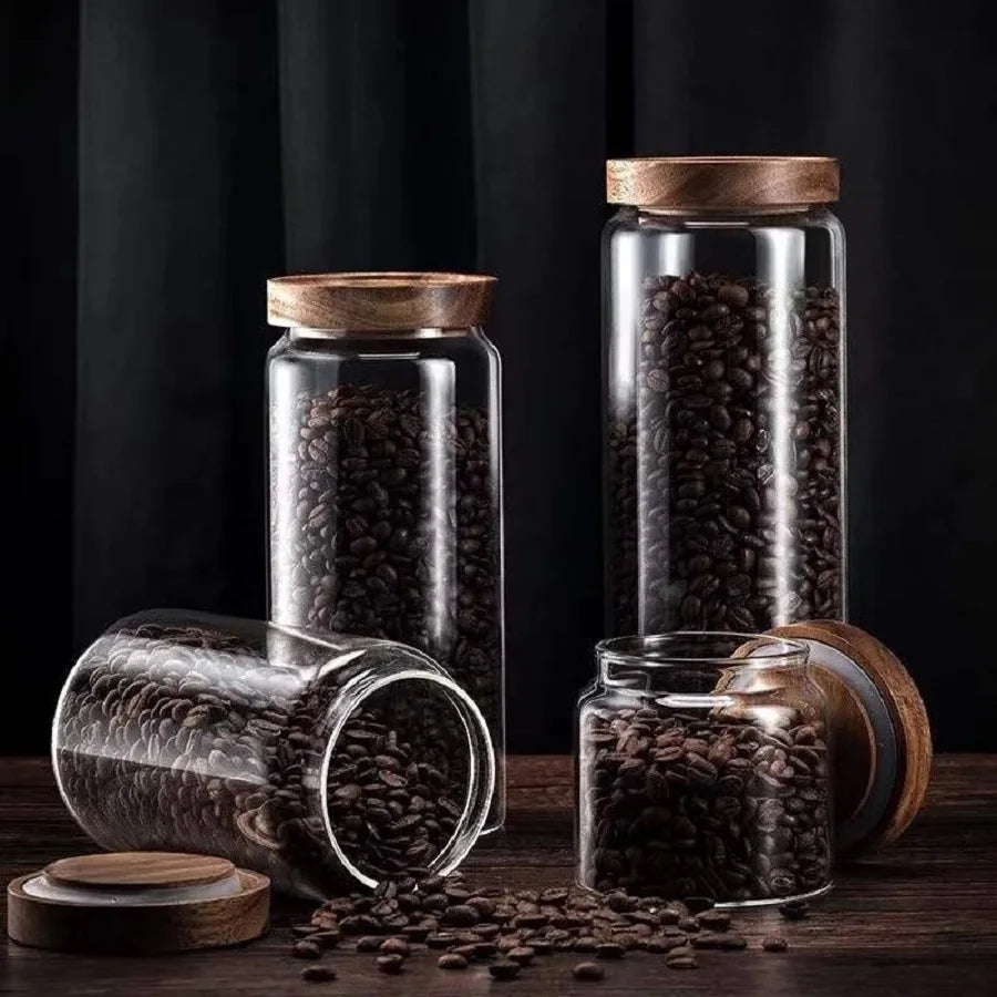 Bocaux de Stockage en Verre avec Couvercle en Bois, Récipient à Café Hermétique pour Haricots, Riz, Sucre, 1 Pièce
