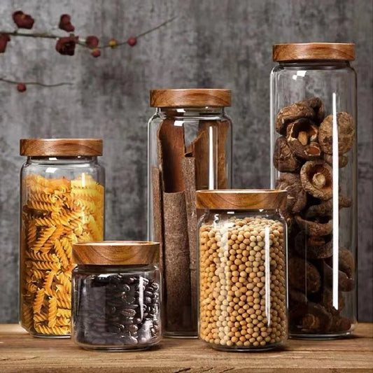 Bocaux de Stockage en Verre avec Couvercle en Bois, Récipient à Café Hermétique pour Haricots, Riz, Sucre, 1 Pièce
